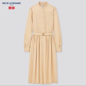 NWT Uniqlo Beige Rayon Printed MIDI dress w/ belt